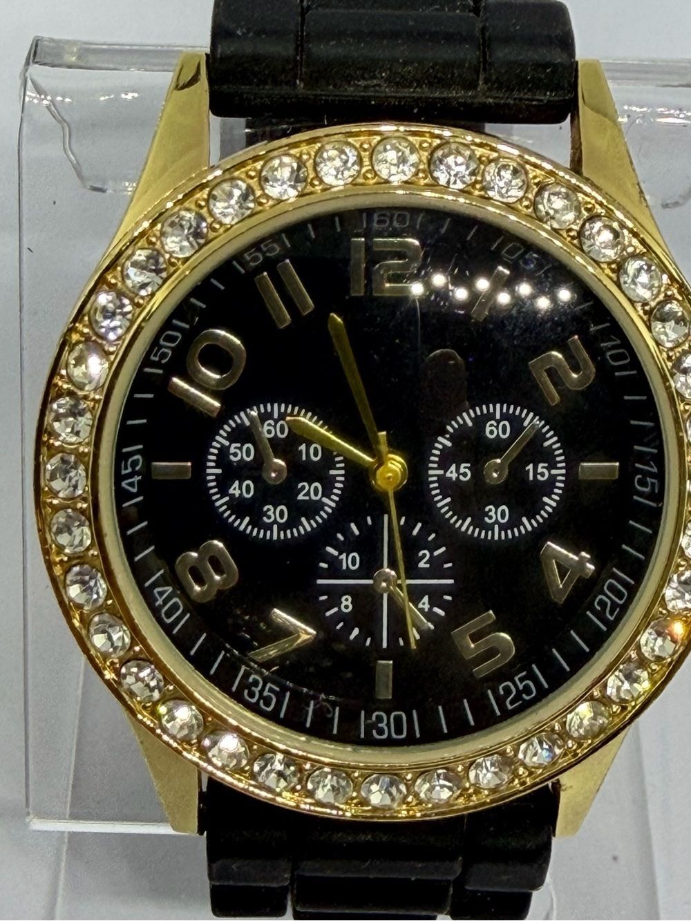 Darice Gold-Tone Watch with Black Dial and Crystal Bezel
